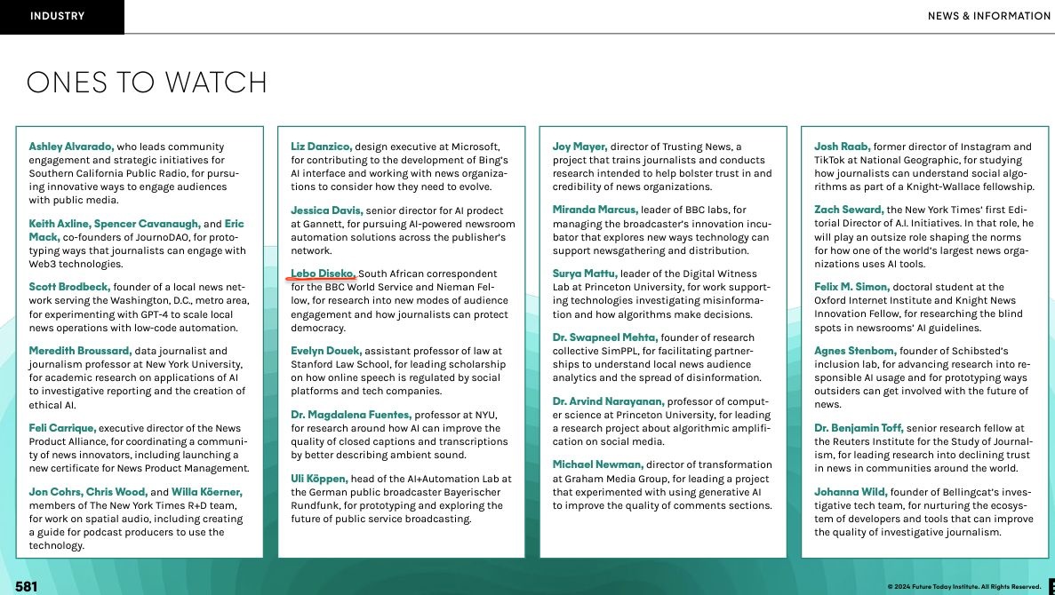 It's not every day that you get called 'One to Watch'! Huge thanks to the Future Today Institute for listing me in their 2024 Tech Trends Report @FTI You can read it here on p13 lnkd.in/dusDs8fN