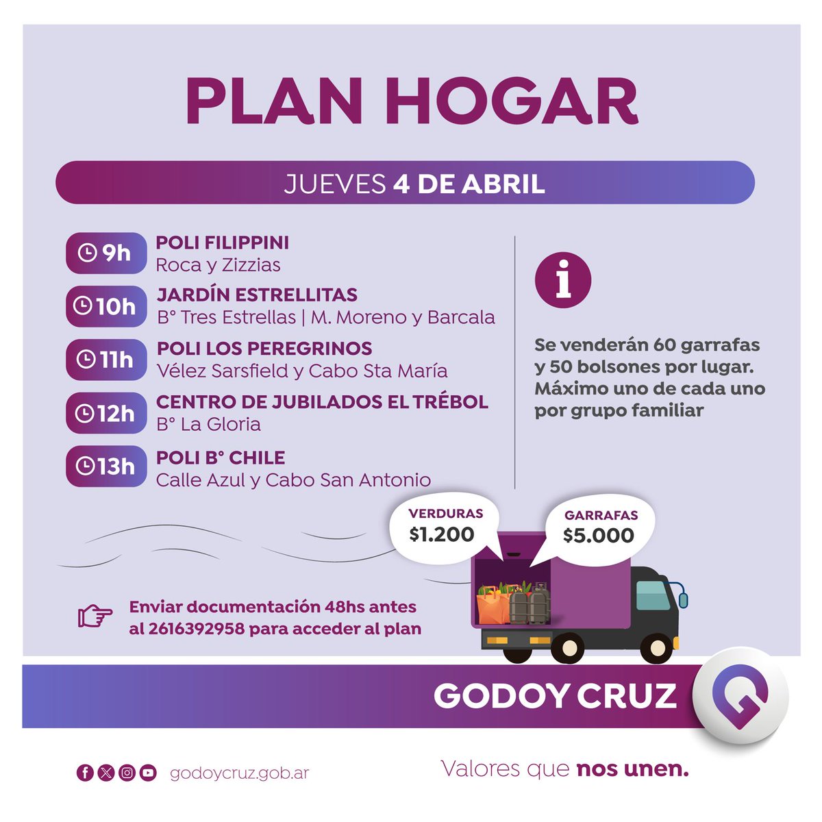 MuniGodoyCruz's tweet photo. ✅ El programa #PlanHogarGC continúa su recorrido. Vecinos/as pueden acceder a garrafas y bolsones de verduras a precios accesibles.
📲 Conocé el cronograma completo: https://t.co/micEbk9f0r https://t.co/3dl2n6uOjT