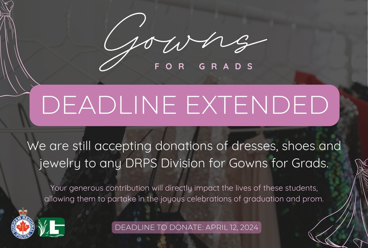 Durham Regional Police (@drps) on Twitter photo UPDATE: We heard you Durham Region residents and we have extended the deadline to donate to Gowns for Grads until April 12, 2024.
Dresses, shoes, jewelry and accessories can be dropped off to any <a href="/DRPS/">Durham Regional Police</a> division.
We appreciate all of the donations thus far, thank you! UPDATE: We heard you Durham Region residents and we have extended the deadline to donate to Gowns for Grads until April 12, 2024.
Dresses, shoes, jewelry and accessories can be dropped off to any <a href="/DRPS/">Durham Regional Police</a> division.
We appreciate all of the donations thus far, thank you!