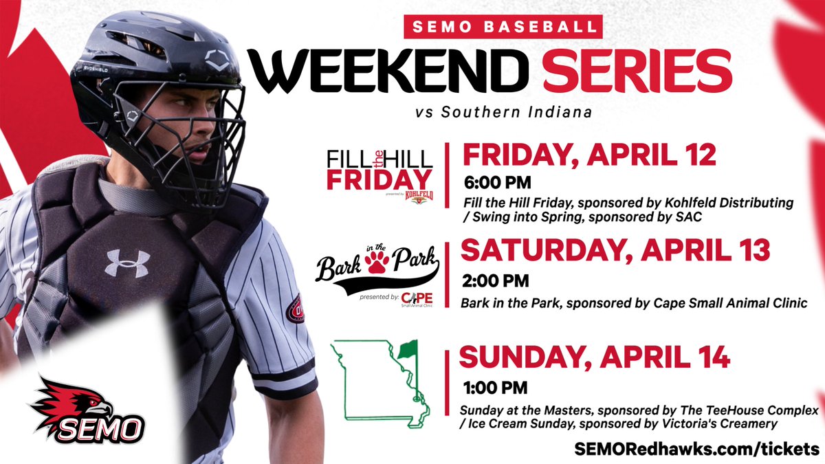 Take a look at this weekend's promotions vs USI! ⚾

🍺 Fill the Hill Friday - FREE beer for fans 21+
🐶 Bark in the Park - FREE tennis balls for pups in the park
🏌️ Sunday at the Masters - SEMORedhawks.com/Masters &amp; FREE Ice Cream 🍦

🎟 Save on admission: bit.ly/3VCcMZ0