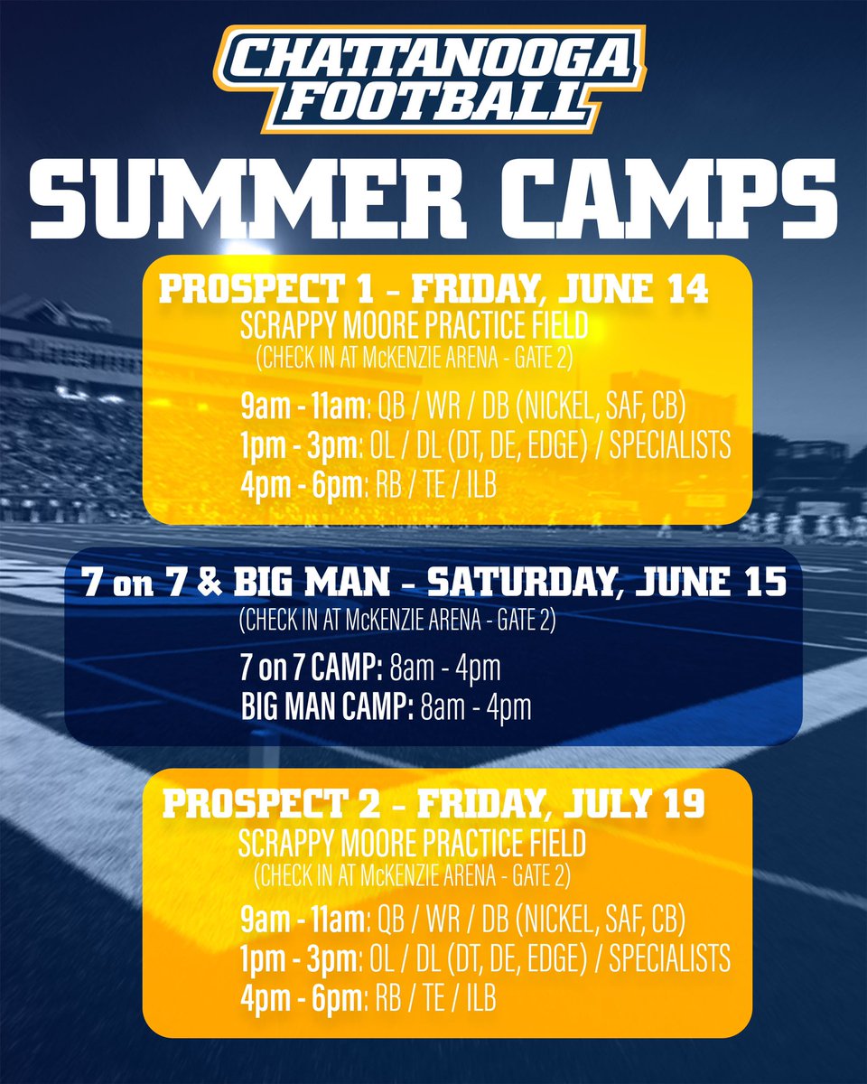 Interested in Chattanooga Football? A great way to get noticed is at camp! Make sure to sign up to camp with us this summer! We can’t wait to have you in Chattanooga with us🏈 🔗: …attanoogafootballcamps.totalcamps.com/About%20Us