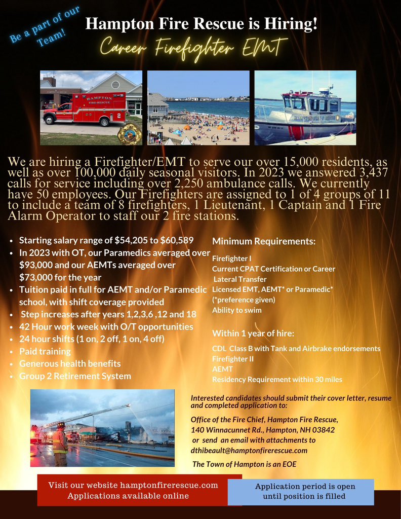 We are currently accepting applications for our open positions of Career Firefighter / EMT. Come be part of an amazing team!

#HamptonNH #Firefighter #EMT #HamptonBeach #JobPosting #NowHiring