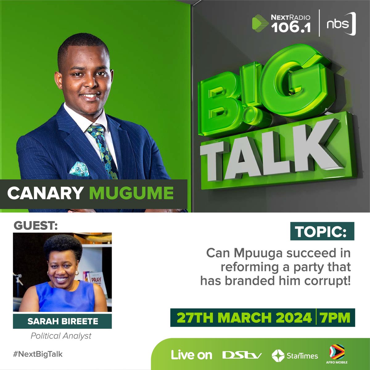 #NextBigTalk today: 'Can Hon. @MathiasMpuuga succeed in reforming a party that has branded him corrupt?' @CanaryMugume hosting our ED, @SarahBireete at 7:00PM