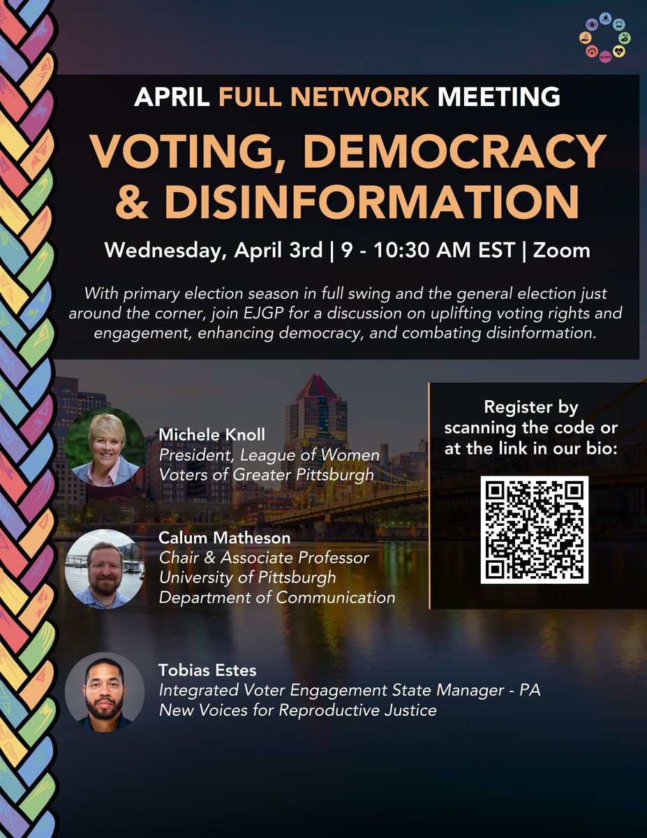 ejgppgh's tweet photo. Join us next week for our next Full Network meeting on voting, democracy, and disinformation!

Register here: https://t.co/cV3B21A3sm https://t.co/G1w347IyoX
