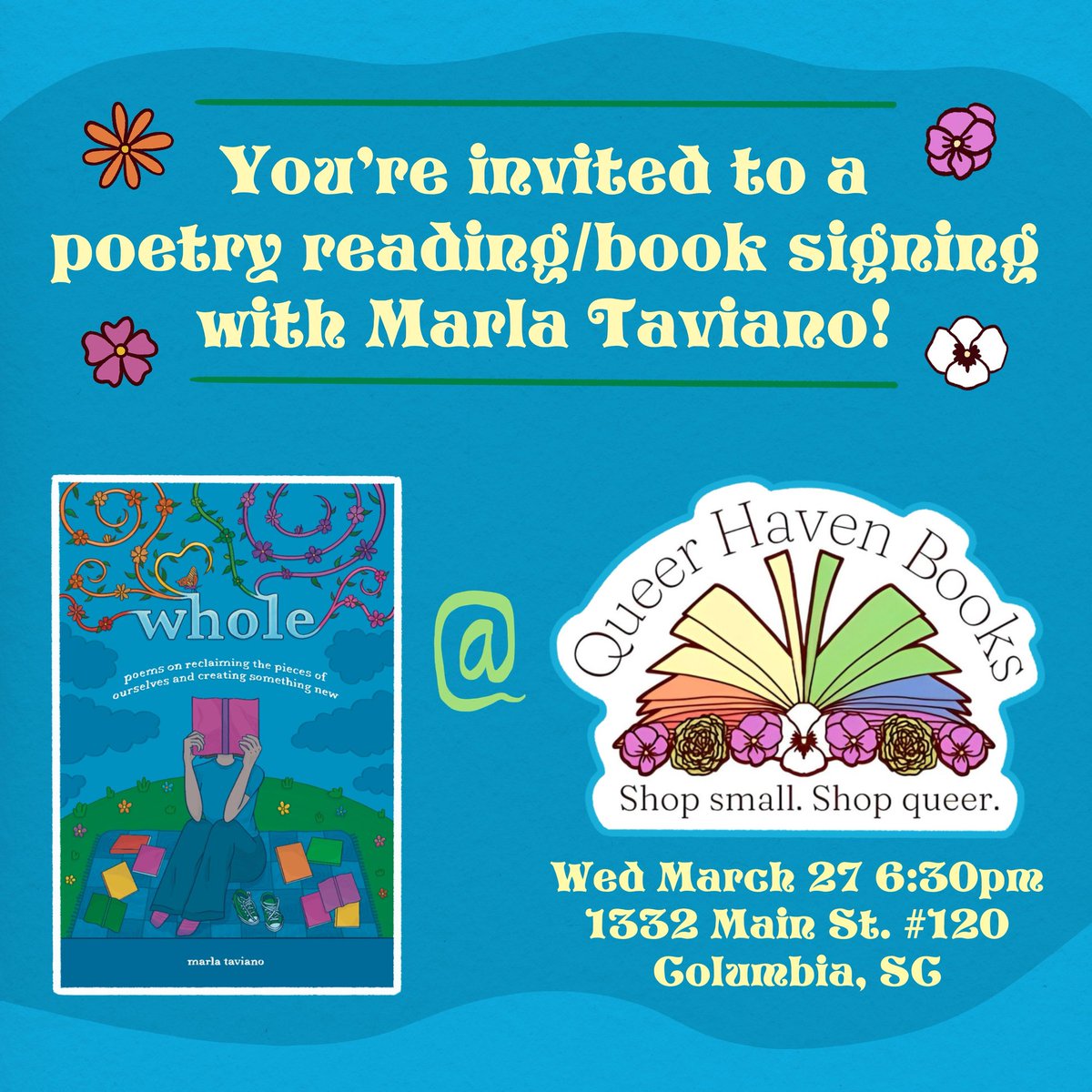 Do I know any Twitter folks here in Columbia, SC?? I’m doing an event tonight at the new queer bookstore in town and would looooooove to meet you!! Share this with anyone you know in Cola!! 🌈🩵📘🎉