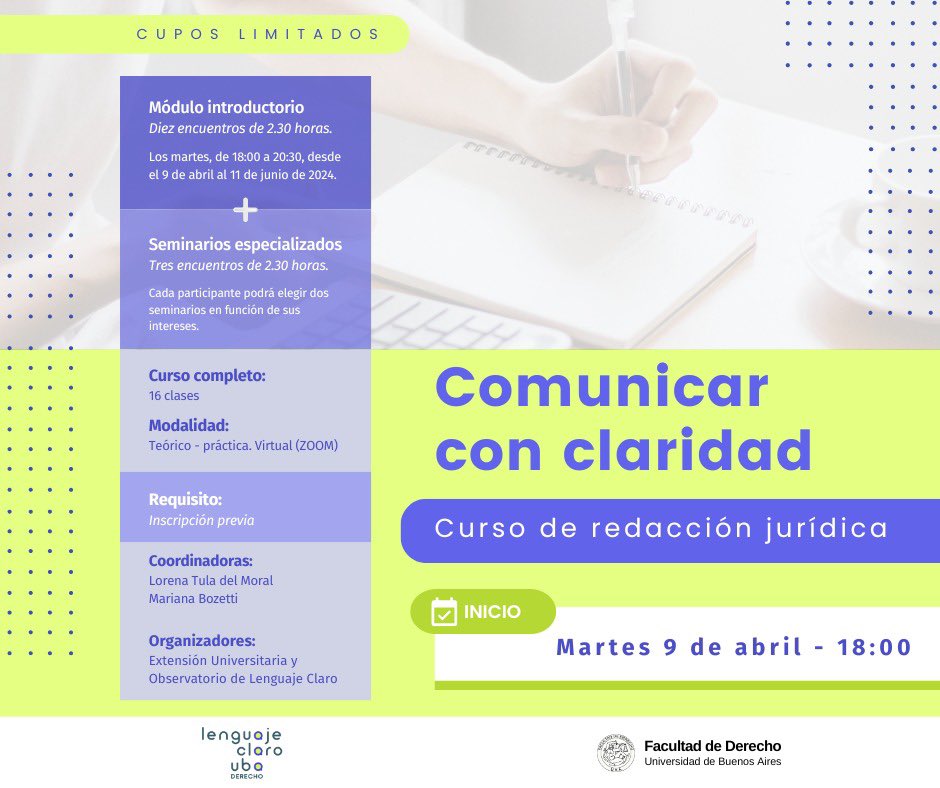📣Ya está abierta la inscripción al curso de redacción jurídica “Comunicar con claridad”

Acá van a encontrar toda la información y el formulario de inscripción ➡️
derecho.uba.ar/institucional/…

¡Nos vemos en el curso!
