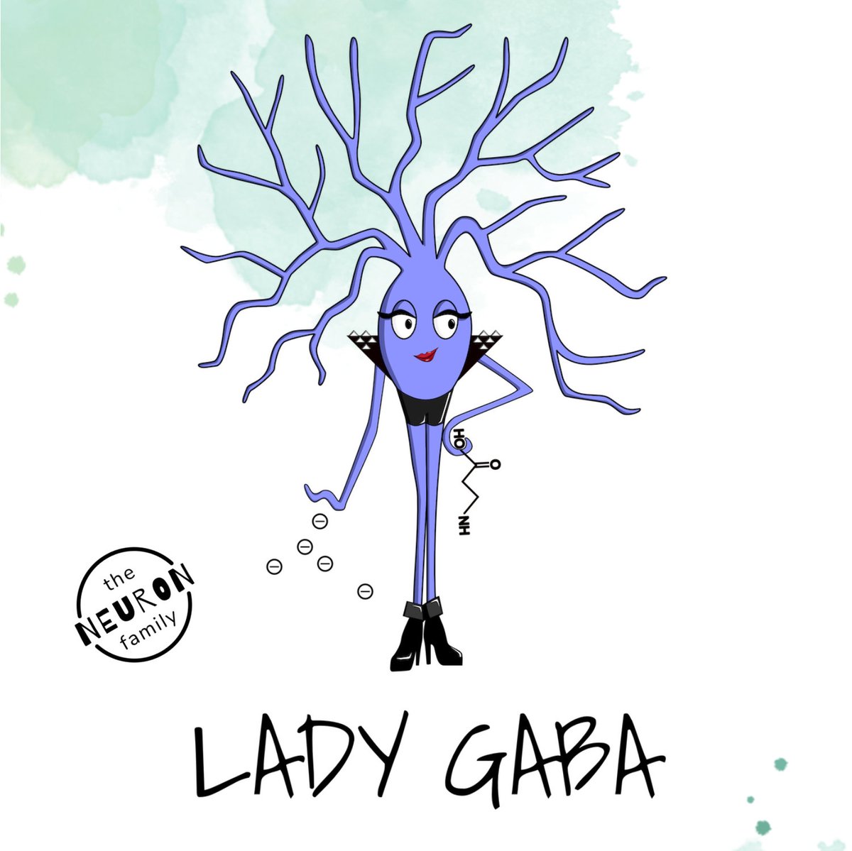 Hello from Lady GABA! GABA (Gamma-Aminobutyric Acid) is an inhibitory neurotransmitter. GABA decreases the activity of neurons that have the GABA receptor. Lady GABA is inspired from Lady GAGA and is releasing the neurotransmitter GABA. thebraincolouringbook.com