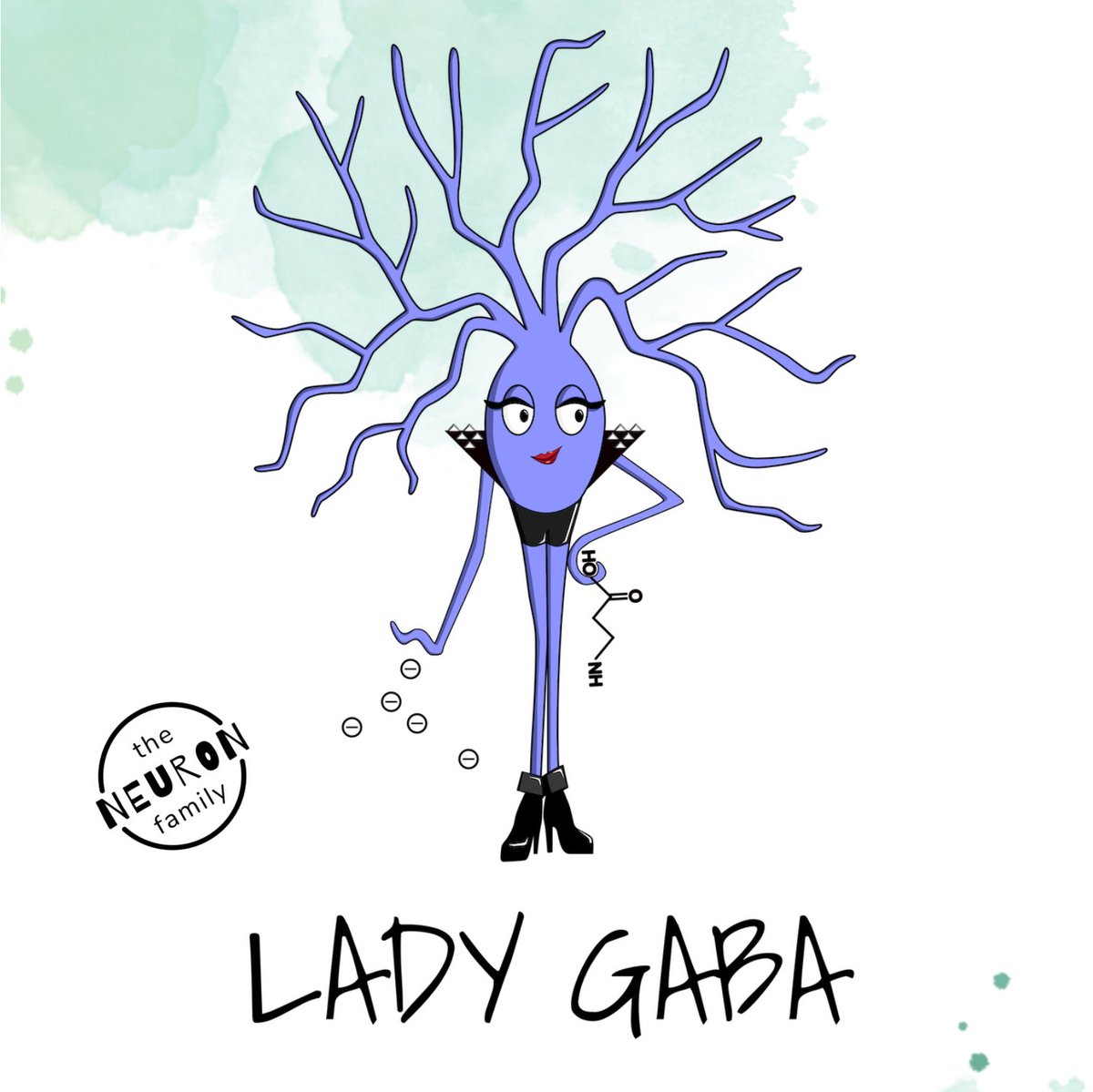 Hello from Lady GABA! 

GABA (Gamma-Aminobutyric Acid) is an inhibitory neurotransmitter. GABA decreases the activity of neurons that have the GABA receptor.

Lady GABA is inspired from Lady GAGA and is releasing the neurotransmitter GABA.

thebraincolouringbook.com