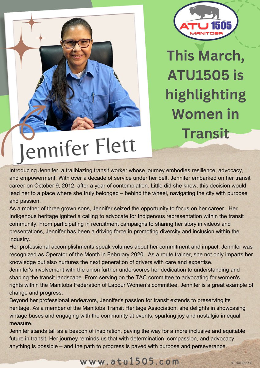 Celebrating the final installment of Women's History Month by shining a spotlight on Jennifer Flett! Meet Jennifer Flett: a dedicated volunteer, union advocate, and proud member of the Women's Committee for MFL. #WomensHistoryMonth #womenintransit #Winnipeg #mbpoli #manitoba