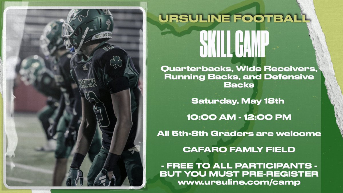 Youth Camp Dates Big Man - May 11th Skill - May 18th We have a great group of guest coaches to learn from including NFL and college players. The camps are free, but you must be pre-registered. ⬇️⬇️⬇️ Register at: ursuline.com/camp