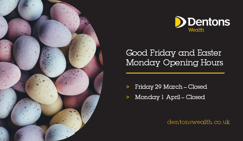 Good Friday and Easter Opening Hours 2024
 
A reminder of our adjusted opening hours over the Good Friday and Easter   Monday. The office will be open from Tuesday 2 April at 09:00am.
 
#goodfriday #easter #dentonswealth