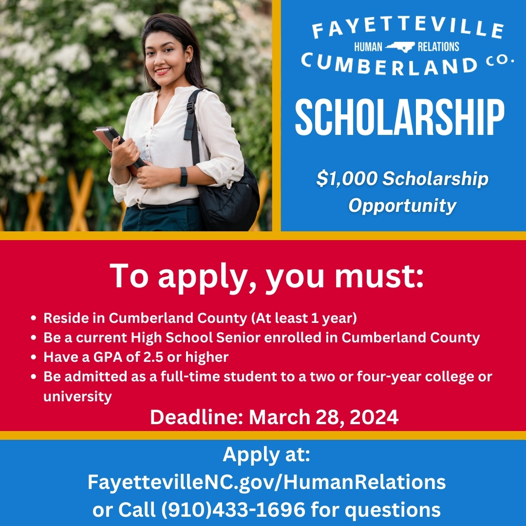 CityOfFayNC's tweet photo. Tomorrow is the deadline for the Fayetteville-Cumberland Human Relation Scholarship. Apply Now ▶ https://t.co/ji3mKGEux6 https://t.co/pxMV18dA17