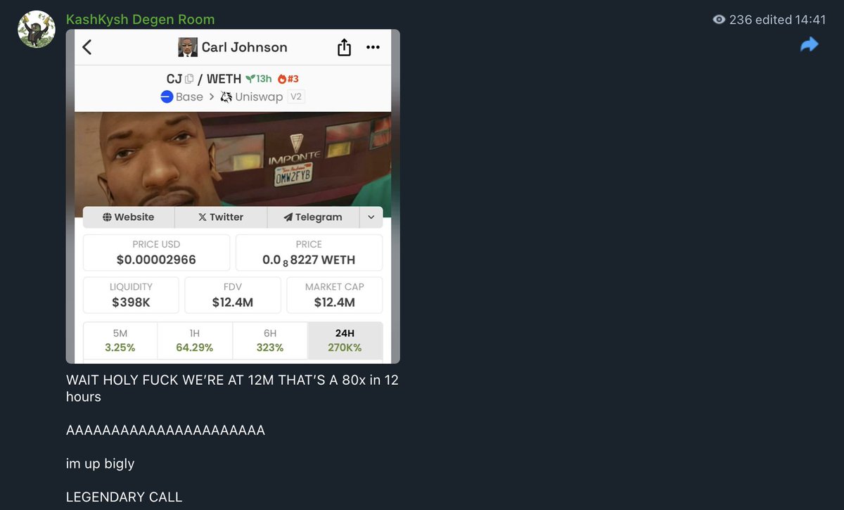 KashKysh's tweet photo. Just turned 370$ -> $29,600 and publicly called a 80x overnight on Base on $CJ (100x soon)

My current goal is making y'all print 6 figs on this base szn

I'll drop many more gems

300 likes and i'll drop a new invite link for the degen room today ❤️