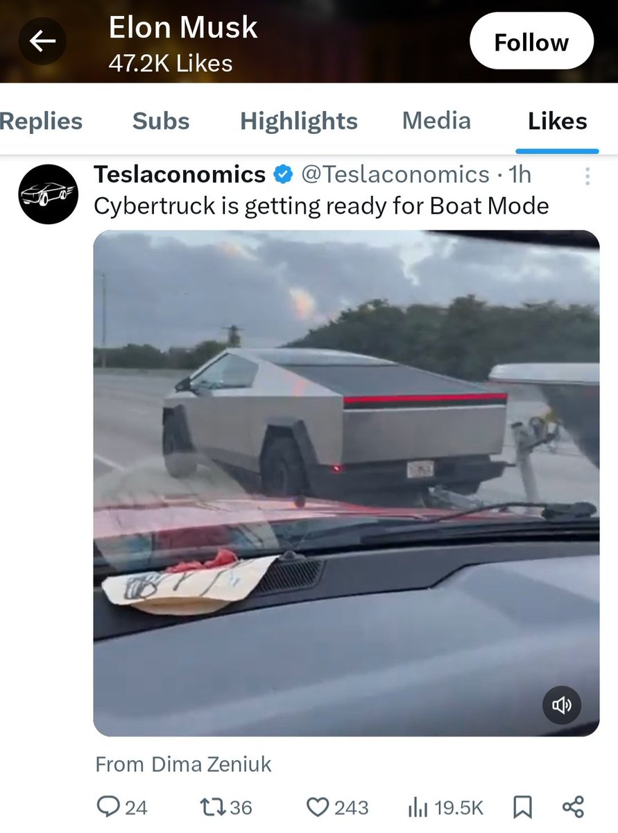 SethAbramson's tweet photo. COMMUNITY NOTE: In 2022, Musk falsely said that, on its release, “the Cybertruck will be waterproof enough to serve briefly as a boat.” This was a scheme to pump up preorders for a product routinely panned in major media for its endless production delays. There is no “boat mode.” https://t.co/Uu7Umjs8Tx
