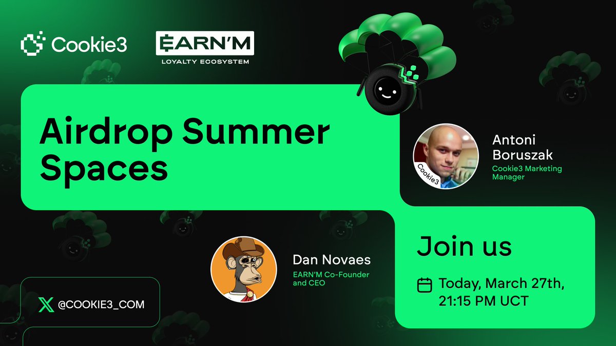 cookie3's tweet photo. Airdrop Summer is here! 🪂

Let's dive into the secrets of successful airdrop campaigns.

Join us today as we chat with @novaes_ai, CEO and Co-Founder of @EARNMrewards about airdrops.

⏰ Time: Today at 21:15 UTC
🎙 Hosts: @a_boruszak, Marketing Manager at @cookie3

Set a reminder below: https://t.co/gsXBrALowH