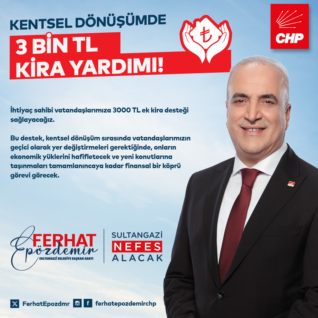 Kentsel dönüşüme tabii tutulan bölgelerde ihtiyaç sahibi vatandaşlarımıza 3000 TL ek kira desteği sağlayacağız.

Bu destek, kentsel dönüşüm sırasında vatandaşlarımızın geçici olarak yer değiştirmeleri gerektiğinde, onların ekonomik yüklerini hafifletecek ve yeni konutlarına