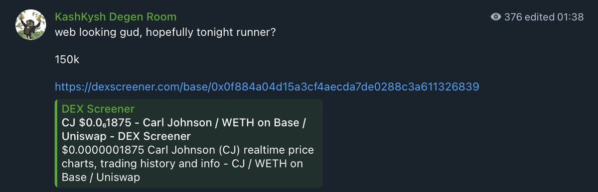 KashKysh's tweet photo. Just turned 370$ -> $29,600 and publicly called a 80x overnight on Base on $CJ (100x soon)

My current goal is making y'all print 6 figs on this base szn

I'll drop many more gems

300 likes and i'll drop a new invite link for the degen room today ❤️