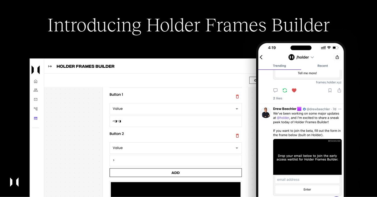 🚨 Excited to announce the launch of another industry-leading product today from our team: Holder Frames Builder, the first frames-compatible web3 form builder and CRM. This connects the seamless distribution power of @farcaster_xyz and @xmtp_ frames to your CRM and marketing