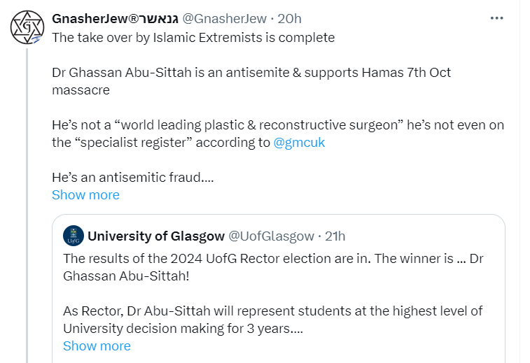 TheProleStar's tweet photo. Since they're FAR too cowardly to tag you @GhassanAbuSitt1 - you might like to know that the 'Gnasher Jew' troll account, which thinks a lot of itself, is libelling you on social media.
They're known for it... https://t.co/ASDDbXx1zq