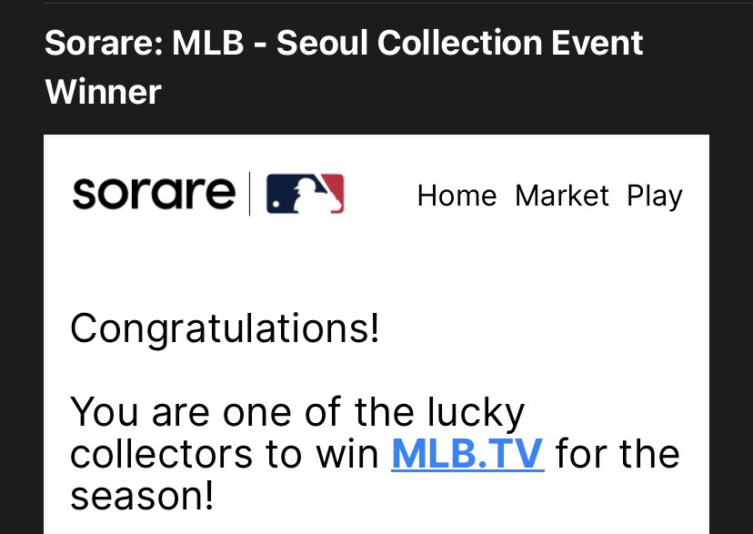 BlockchainCards's tweet image. Thank you @SorareMLB I never win anything! You all rock! Can’t wait to watch a lot of baseball this year! #mlb #soraremlb