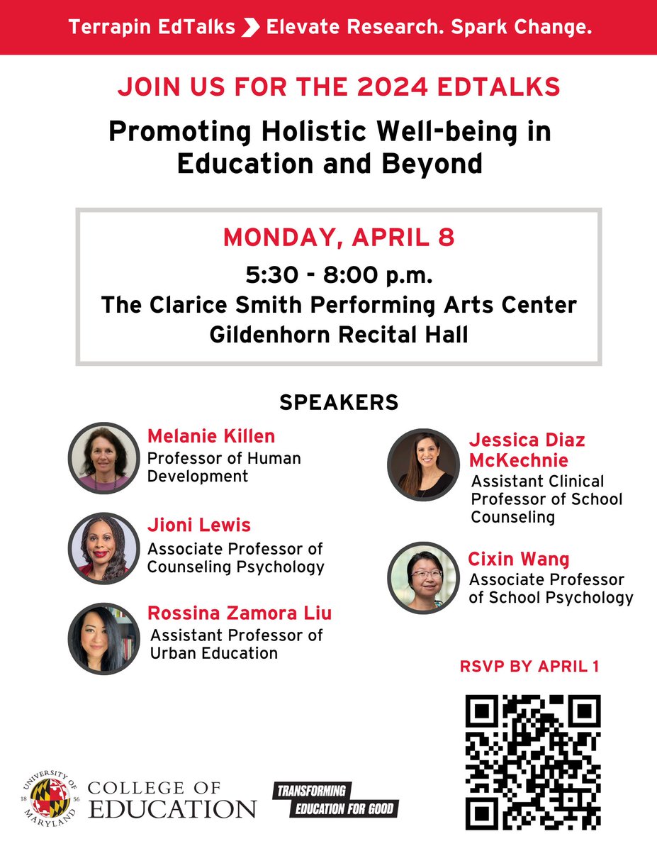 Come see some amazing @UMDCollegeofEd faculty speak at this year's #TerrapinEdTalks on Monday, April 8th, at 5:30pm!