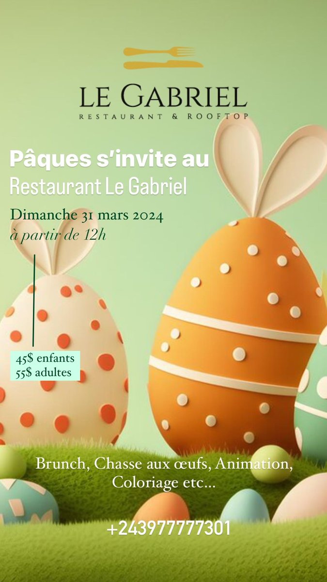LEGABRIEL_RDC's tweet photo. Pâques s’invite au restaurant Le Gabriel !
RDV ce dimanche 31-03 pour notre brunch spécial Pâques.
Plusieurs activités pour les enfants : chasse aux œufs, coloriage…
RSVP +243977777301 https://t.co/lCMLEb0UJu
