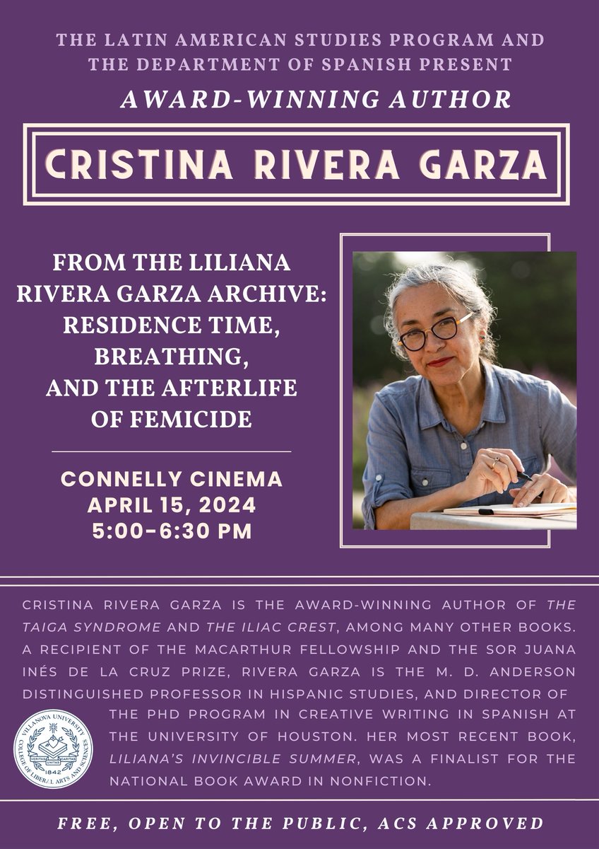 las_temple's tweet photo. Join our friends at Villanova University as they get ready to host award-winning author @criveragarza. Her lecture will be on Monday, April 15 from 5-6:30pm at the Connelly Cinema. No registration required. 

#thelatinamericanstudiesprogra https://t.co/EYVHNP0p9H