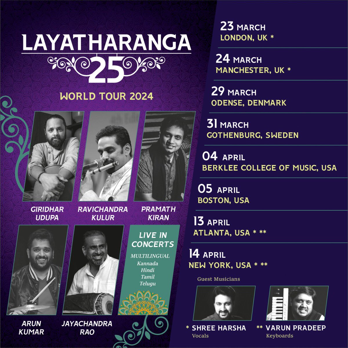 Here is our tour schedule! If you are nearby come and enjoy our concerts. Spread the word! @ghatamudupa @drumsarunkumar @KiranPramath @ravikulur #Layatharanga #LT25 #WorldMusic