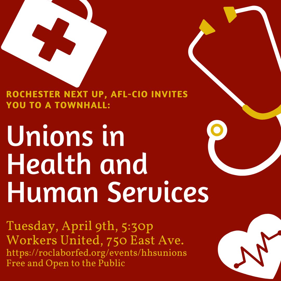 Rochester Next Up is hosting a Townhall. We hope that workers throughout the health and human services sectors will join us for a discussion of the many victories from the last year! @FSW_Rochester <a href="/RUNAPunion/">Rochester Union of Nurses & Allied Professionals</a> <a href="/1199UpstateNY/">1199upstateny</a>