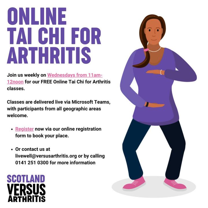 Join our FREE weekly Online Tai Chi for Arthritis class, which takes place on Wednesdays from 11am-12noon. To come along please complete our online registration form: bit.ly/3zsFJub