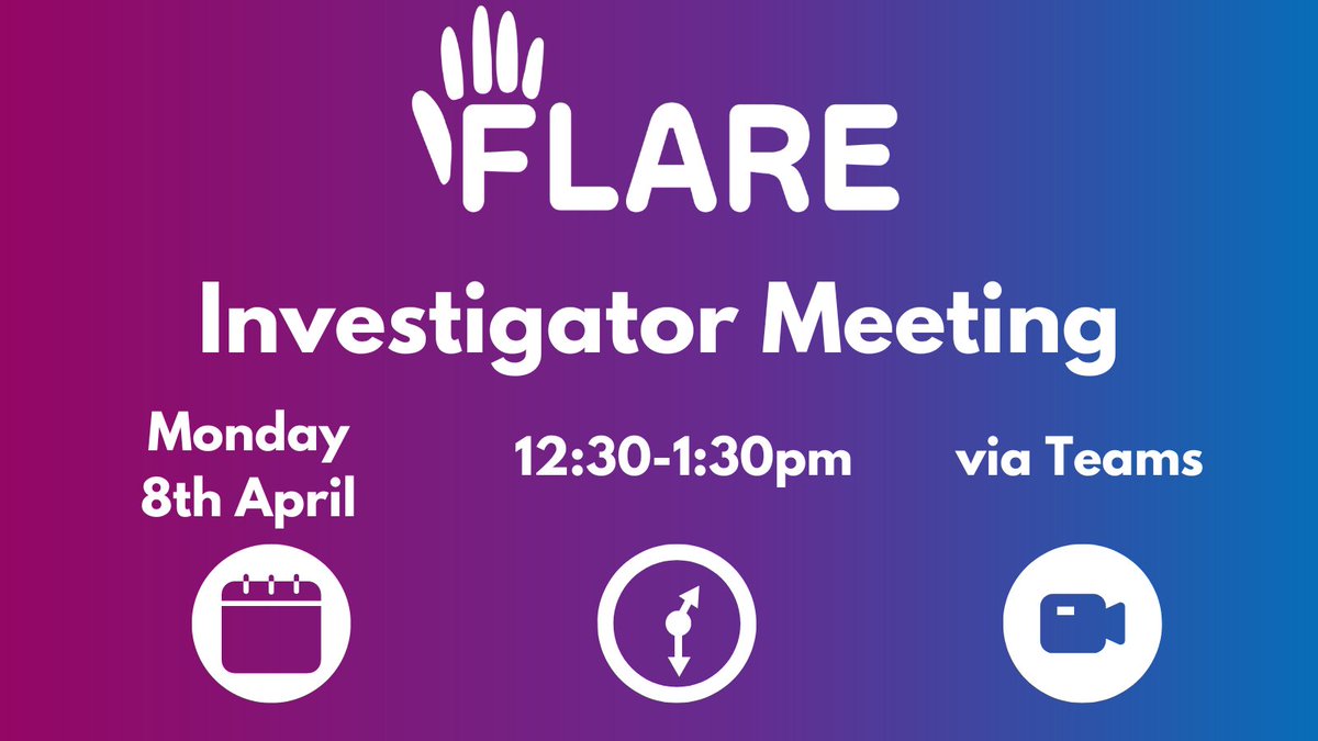 FLARE__Trial's tweet photo. We would like to invite you to the 5th FLARE Investigators meeting! We will share the #trial progress made so far and open the meeting up to hear about the experiences of site teams.
@YorkTrialsUnit
@Surgery_Trials
@ACeS_SouthTees
#flexortendons #research @JCRWormald @ryckiewade https://t.co/RbHgXxxdAf