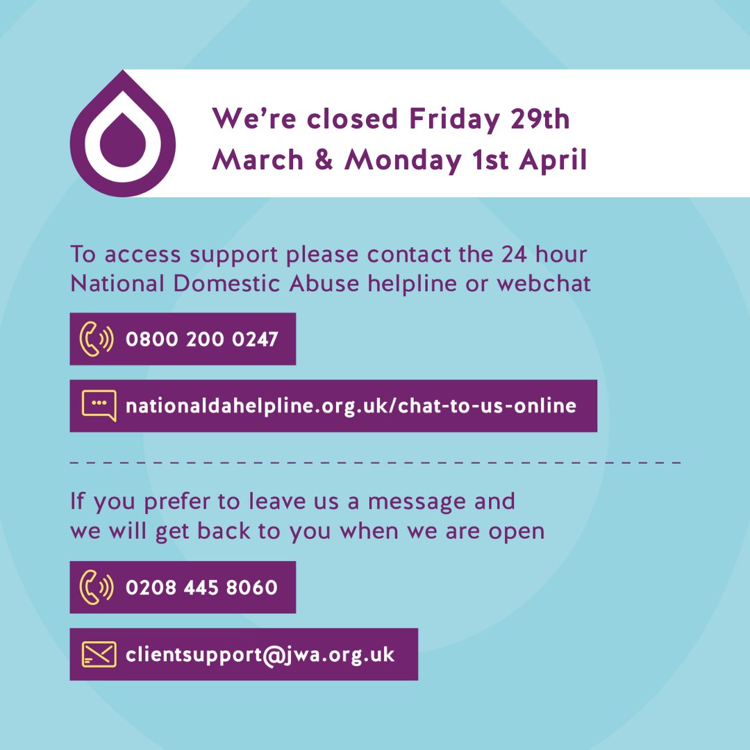 Our offices will be closed on the 29th March and the 1st April for the bank holiday weekend. This means that our helpline and webchat will be closed too. For anyone who needs to seek support on the 1st, save this post for the National Domestic Abuse helpline. Emergency call: 999