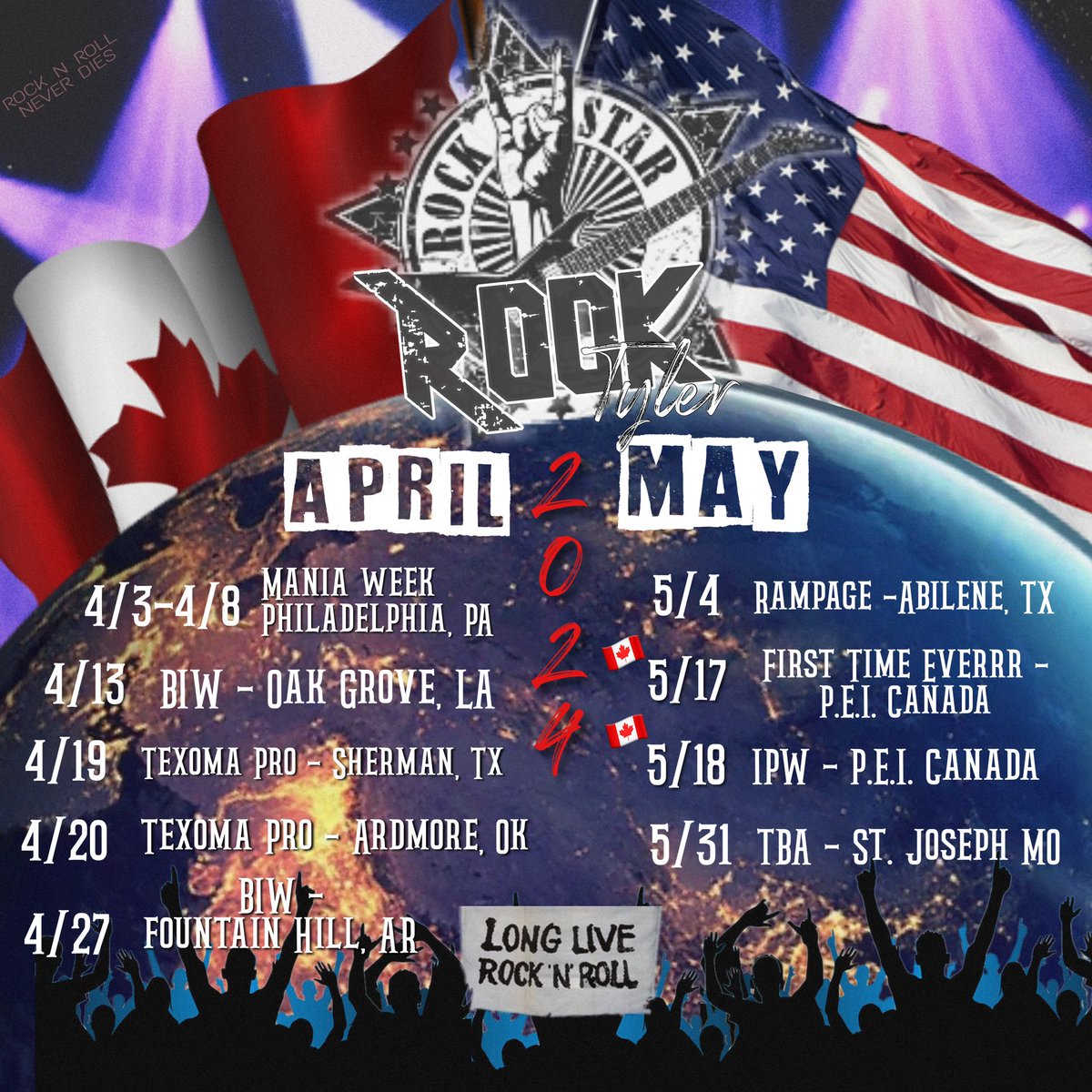 Rockstar Rook Tyler 🇨🇦 North American Tour! 🇺🇸 🤘🏻 2 months 🤘🏻 🔥 6 states 🔥 🇨🇦 2 countries 🇺🇸 #RockstarRook #RookTyler #BangYourHead #prowrestling #Rockstar (Always looking to add more dates..dm or reach out for booking info)