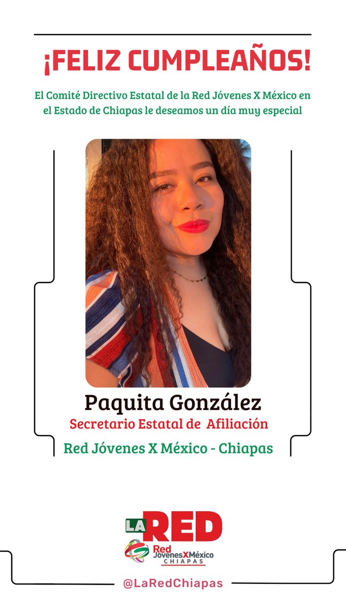 El CDE de #LaREDChiapas Felicita a nuestra Secretaria De Afiliación, Francisca González Ruiz (<a href="/LaGoru/">Paqui GR</a>); con motivo de su cumpleaños, deseándole un día lleno de alegría y mucha felicidad.

#SomosLaRED