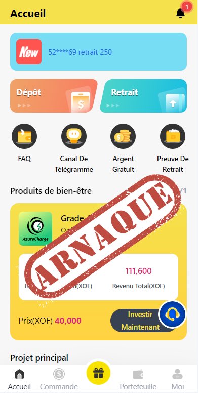 cnin_benin's tweet photo. 🚨 Alerte Arnaque 🚨

Nous tenons à alerter le public sur une plateforme d'investissement frauduleuse nommée AzureCharge, accessible via le lien https[:]//benin[.]ezxearn[.]com et via plusieurs applications mobiles (LoopEarn, Fast Earn, Rapid Earn). (1/5) https://t.co/UQ80kYHmLE