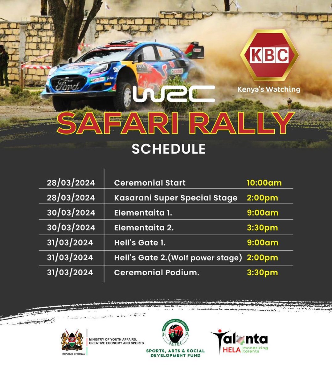 As drivers push themselves to the limit, spectators hold their breath, knowing that every corner could spell triumph or disaster. 
#EasterNaSafariRally  Easter Na Rally
@SpokespersonGoK @MwauraIsaac1 @AbabuNamwamba @moyasa_ke