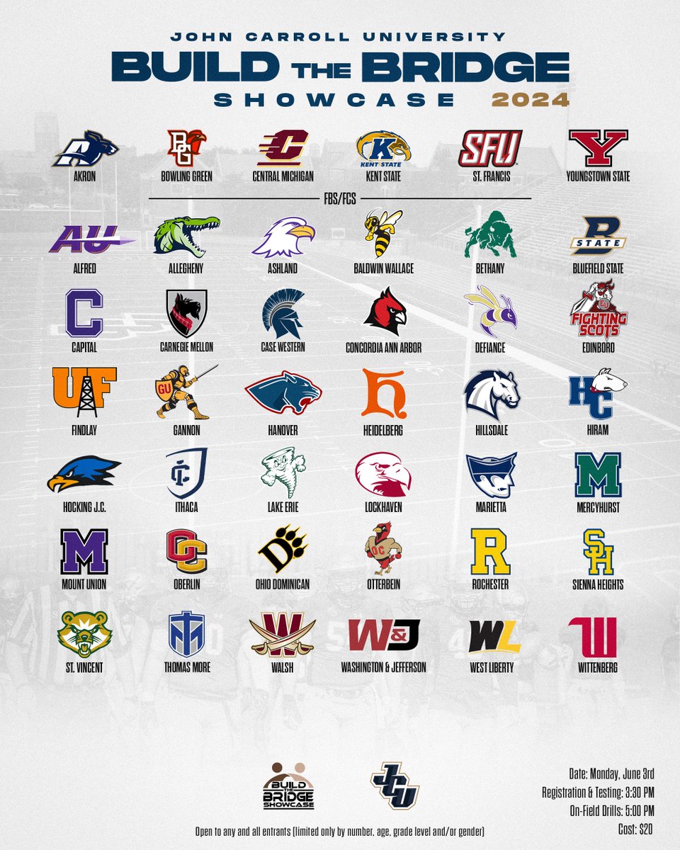 And just like that we are up to 43 colleges for the @JCUFootball @BuildBridge2020 Showcase. Cost is $20. Use the link below to register. allevents.in/shaker%20heigh… @MacStephens @Jeff_Behrman @mgoul @egoldie80 @CoachCreel @FOX8FNTD @OHSAASports @NHPreps @Mark__Porter @Bryan_Ault