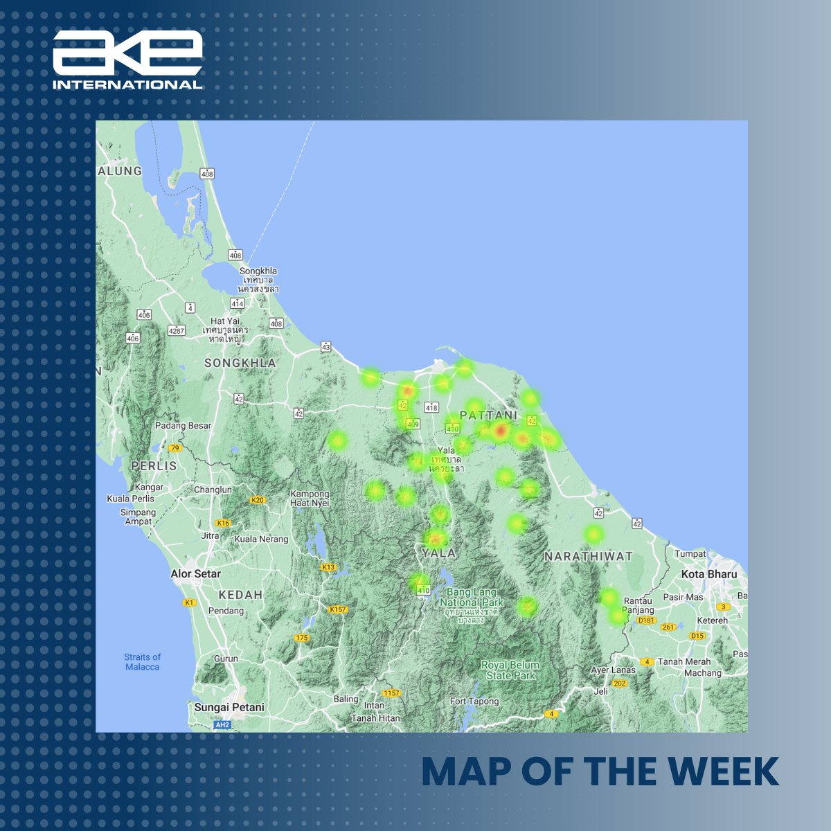 akegroup's tweet photo. AKE’s #MOTW highlights 22 March arson and IED attacks –  targeting convenience stores, petrol stations and utility poles – in over 39 locations across #Thailand’s southern provinces of Narathiwat, Pattani, Songkhla and Yala. Insurgents were suspected to be behind the attacks. https://t.co/TSrJINEV1U