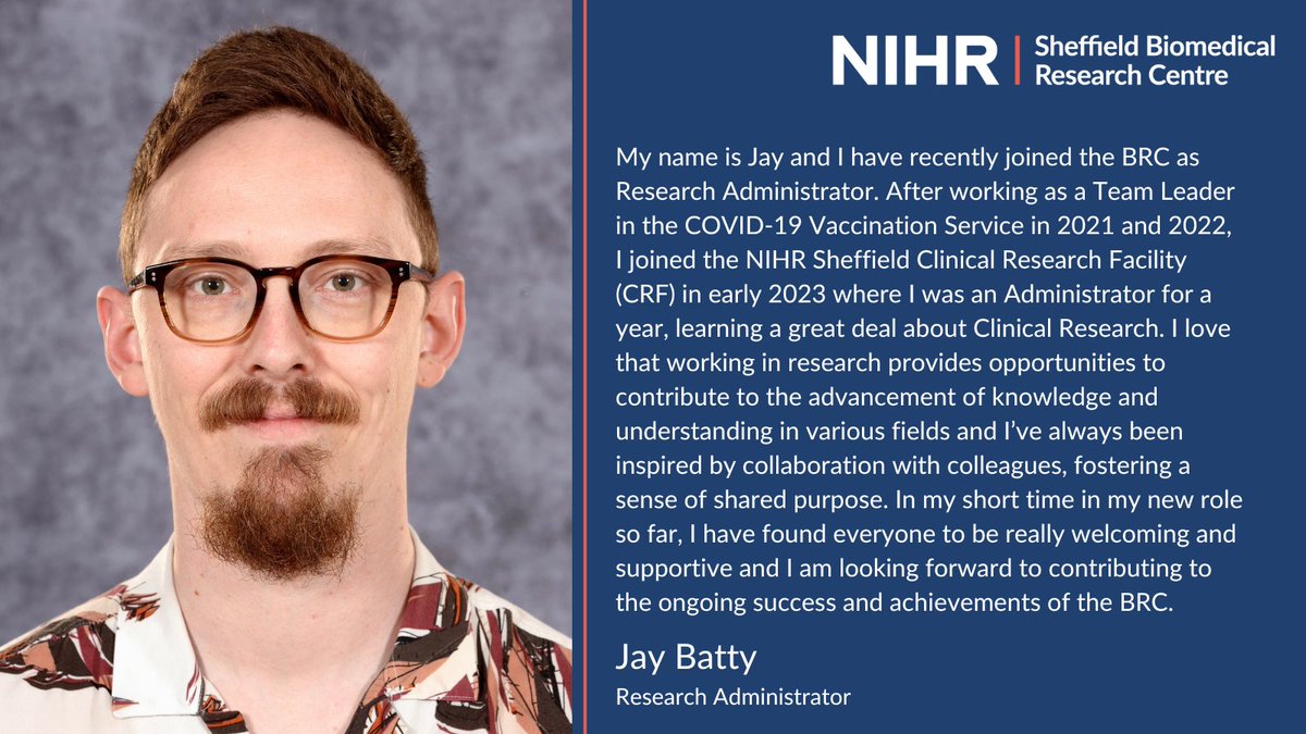 SheffieldBRC's tweet photo. Please join us in welcoming Jay Batty to the NIHR Sheffield BRC Team as our Research Administrator.
Jay joins us from the CRF, bringing with him a varied experience of clinical research.
We look forward to working with you!
#YourPathInResearch https://t.co/MltQhhGdjY