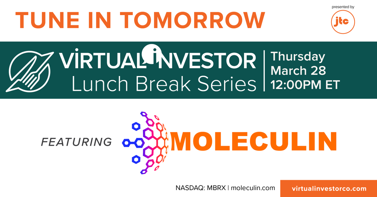 #TuneIn tomorrow at 12 PM ET for a Virtual Investor Lunch Break Series featuring @moleculinbio Access the event here: bit.ly/3ITD9Sz $MBRX #Oncology #AcuteMyeloidLeukemia #STSLungMets