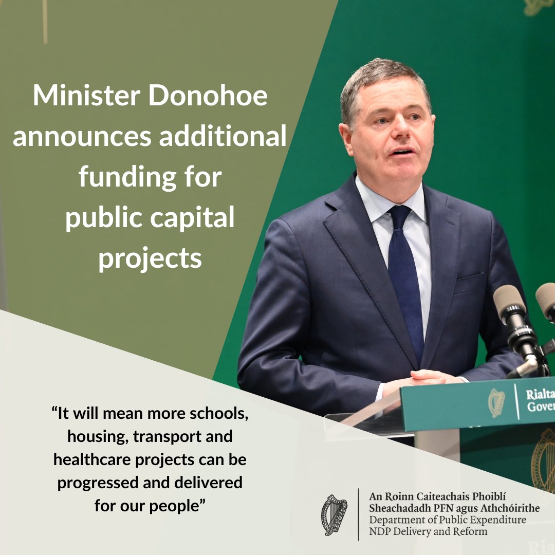 Minister @Paschald has today announced additional funding of €2.25 billion for public capital projects out to 2026. Find out more at the below link 👇 🔗 tinyurl.com/4b3pv7ty #NationalDevelopmentPlan