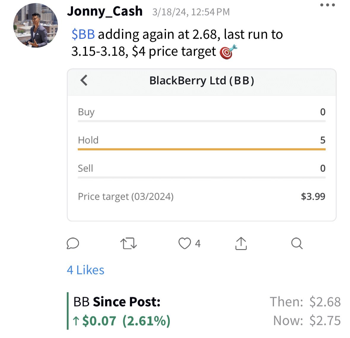 jonyecash's tweet photo. $BB we’re heating back up over here, last run to $3.15-3.18, $5+ prior, and earnings are right around the corner 📈🚀 https://t.co/5FFop2upN4