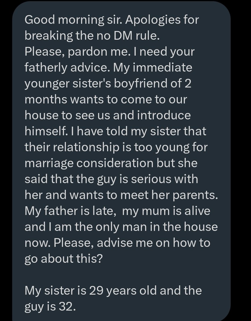 jon_d_doe's tweet photo. Tell your sister to cohabit with the man at intervals for the next six months.

Ask her to make sure she doesn't get pregnant for him.

After six moths, call your sister privately to ask her these questions.

1) what did you notice during the times you had a quarrel with him https://t.co/5mbUBbtTII