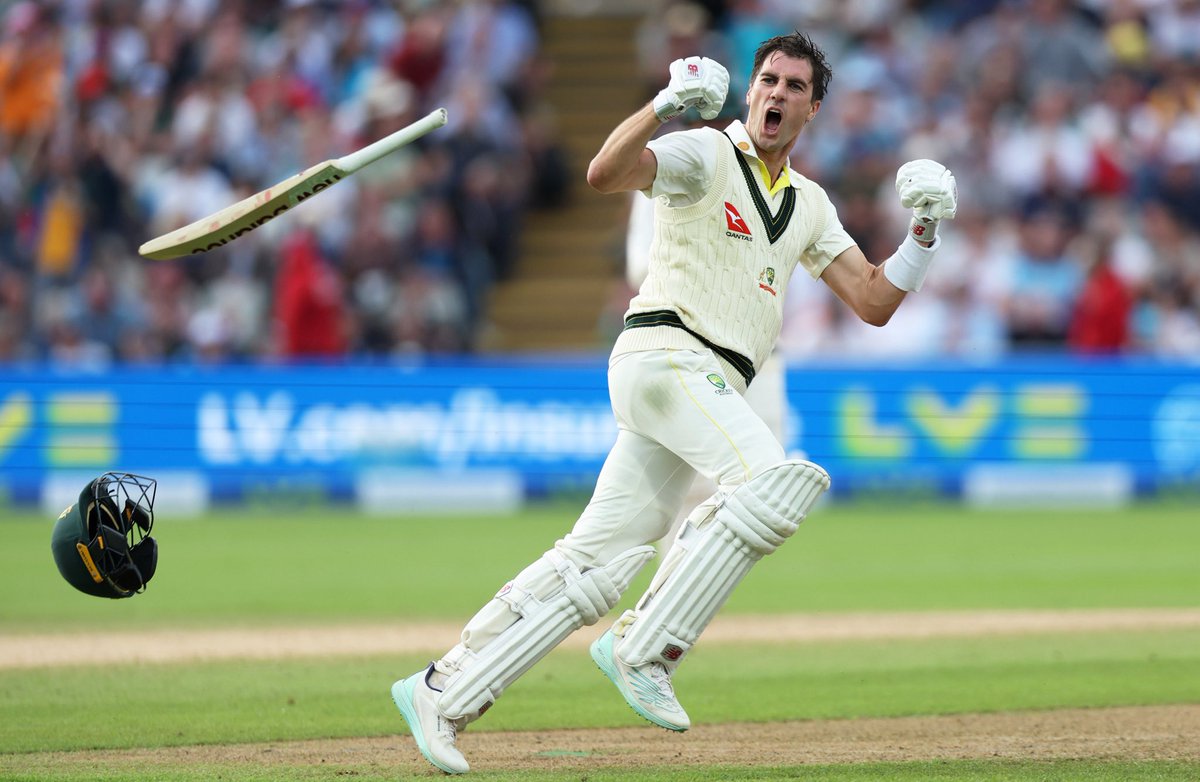 WisdenCricket's tweet photo. This image of Pat Cummins celebrating the winning runs in the first Ashes Test at Edgbaston was shortlisted in Wisden’s 2023 Photograph of the Year competition. 

📸 @NStirkPhoto https://t.co/f256KkqBsr