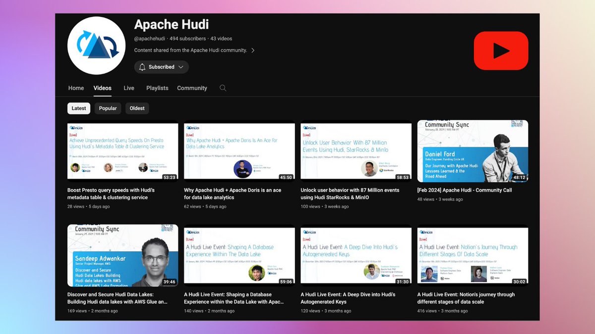 Have you checked out our YouTube yet?

It has some of the amazing videos from our Community sync and Hudi Live sessions!

✅ Notion’s journey through different stages of data scale

✅ Shaping a Database Experience within Data Lakes with Apache Hudi

Link: youtube.com/@apachehudi