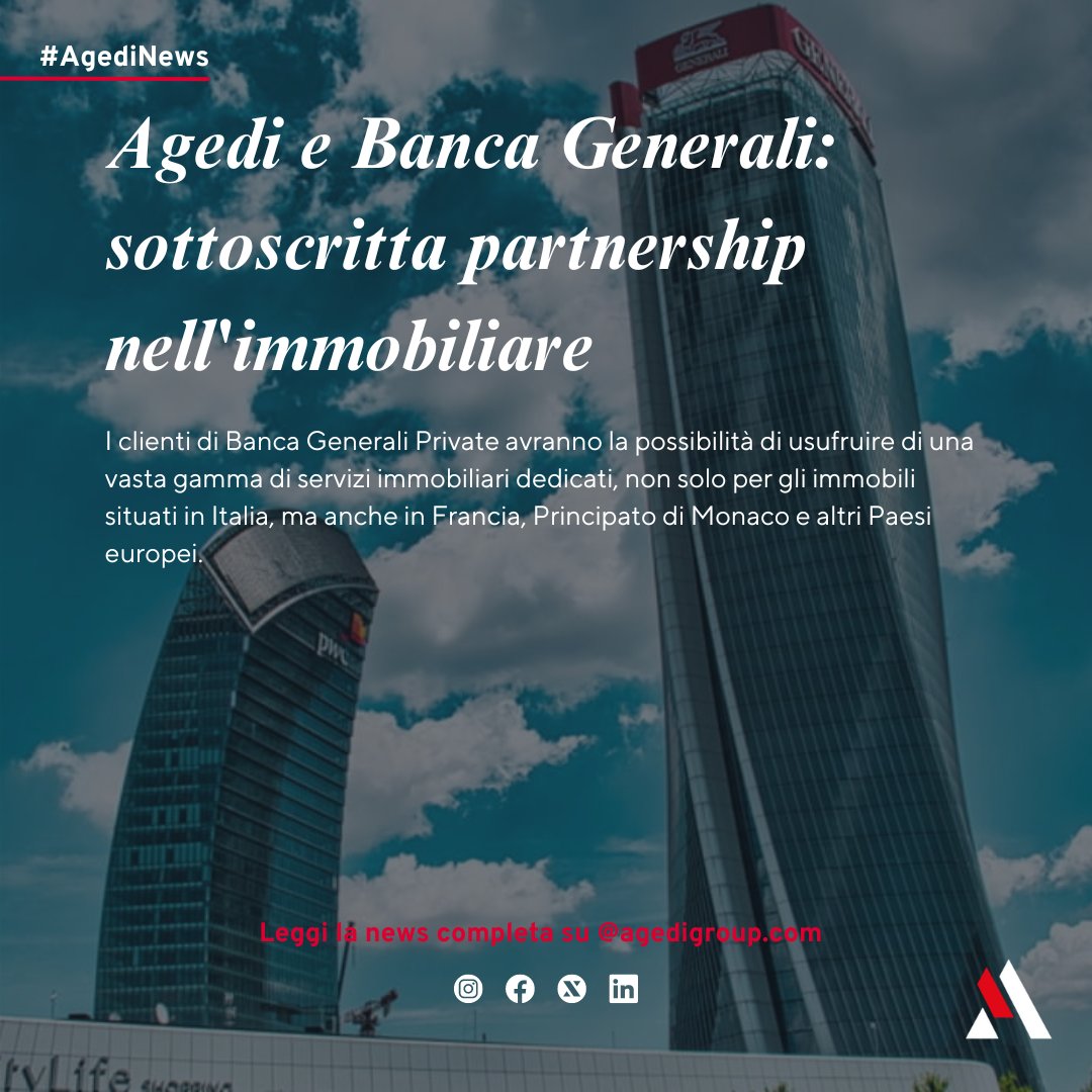 agedigroup's tweet photo. Agedi ha sottoscritto una #partnership con Bancageneraliprivate per la prestazione di servizi #immobiliari dedicati ai clienti della banca private del Gruppo Generali a condizioni agevolate.
🦁🏠
Leggi la news completa su
👉 https://t.co/kIjGG8yJWj https://t.co/u4CiXWMeII