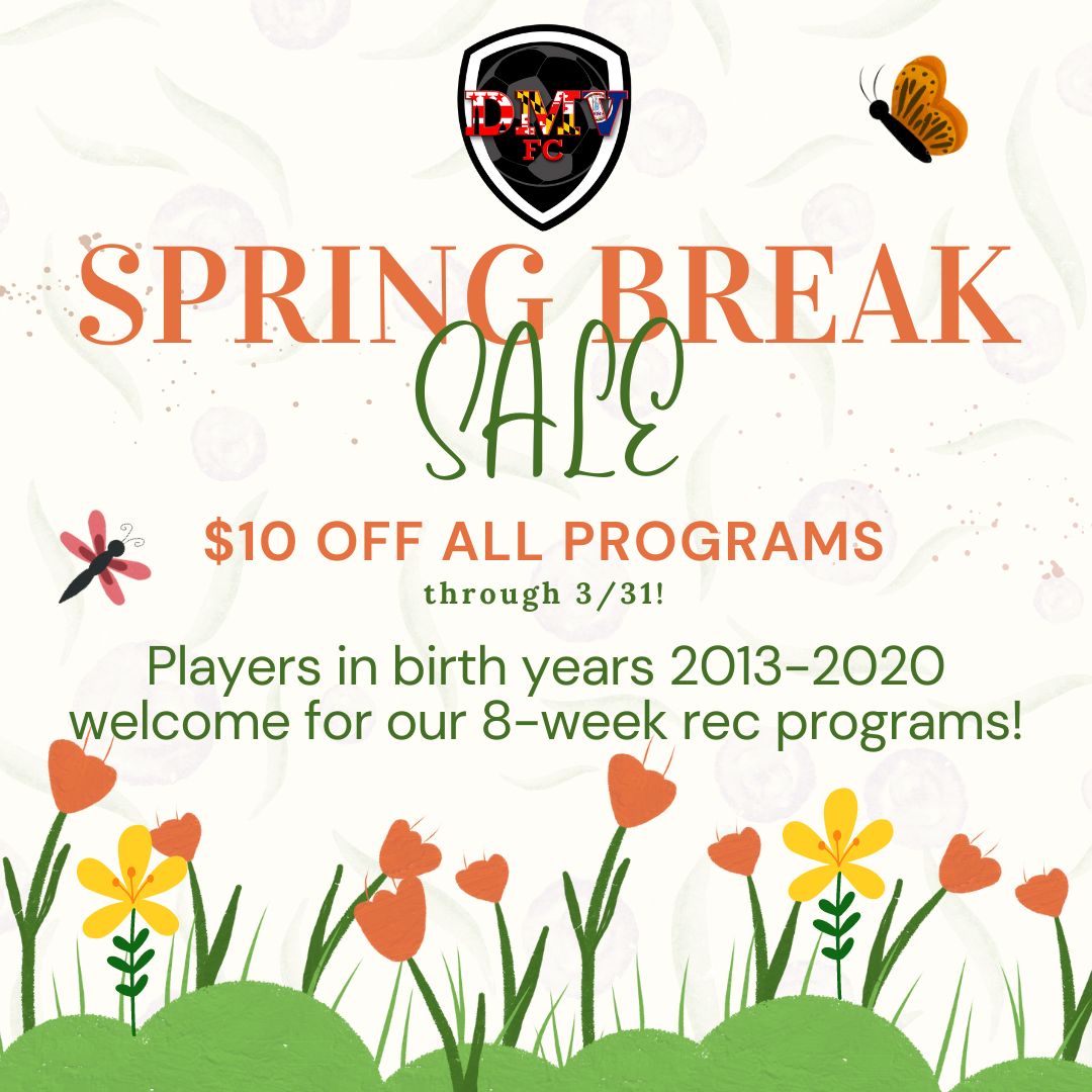 🐣 Happy Spring Break 🐣

We're giving $10 off all our spring rec programs this week to celebrate - register through 3/31 to get a discount on all our 8-week programs for players age 3-11!

Learn more and register: dmvfc.org/recreation/spr…