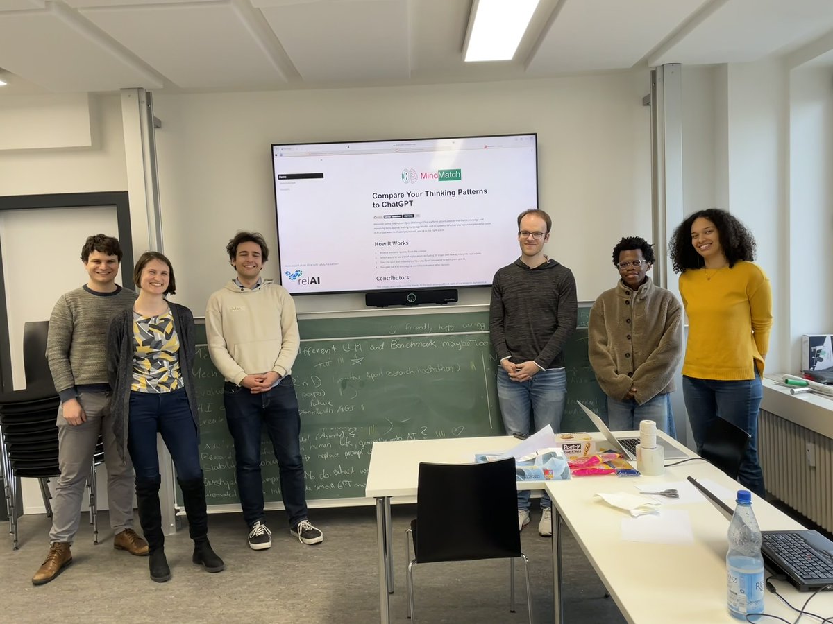 zuseschoolrelAI's tweet photo. The first relAI Safety hackathon last weekend was a great success. On two intense days, participants delved into engaging practical projects in AI Safety, ranging from robust prompting to estimating emotional intelligence and bias of LLMs. @GittaKutyniok @guennemann https://t.co/Y95qJHApUB
