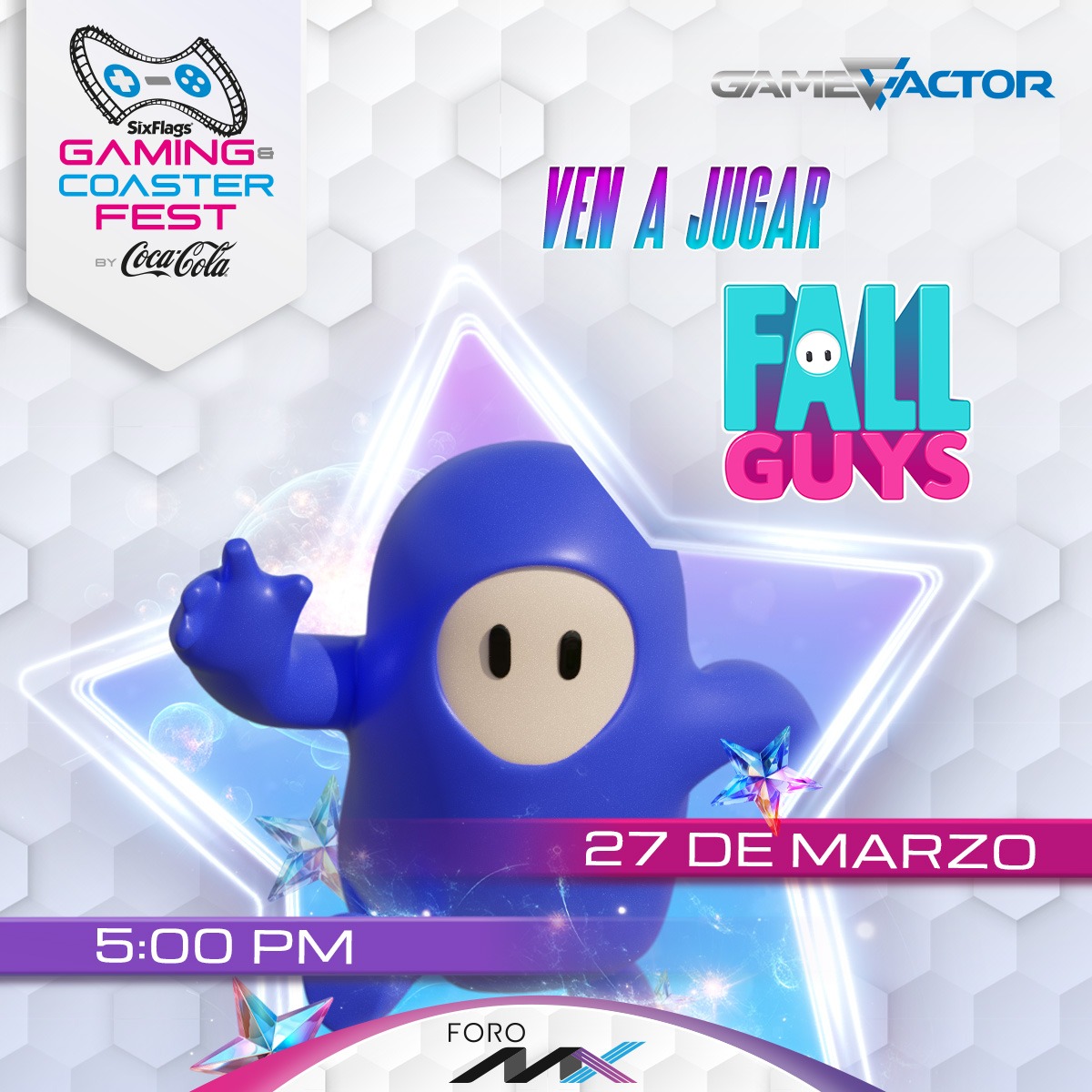 ESixGamingMX's tweet photo. No te pierdas y ven a jugar #FallGuys en el #ForoMX hoy a las 5:00PM. ¿Estás listo para la diversión? Tendremos sorpresas para los ganadores 😉 en el #GamingAndCoasterFest de @sixflagsmexico https://t.co/ik8zb4mB6n