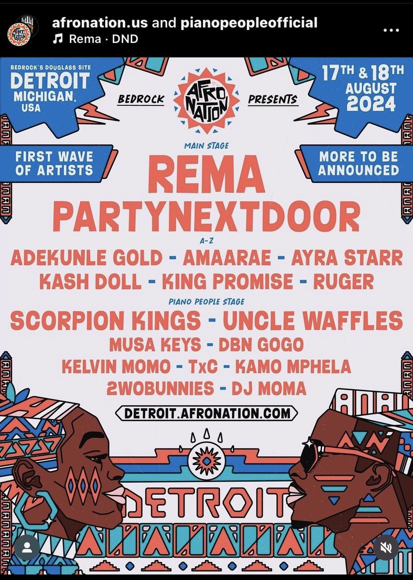 Rema is billed to headline Afro nation Detroit in the US🥶🇺🇸

The 2nd afronation he is headlining and more than 5 festivals as an headliner in 2024 already 🧑‍🍳🚀🚀